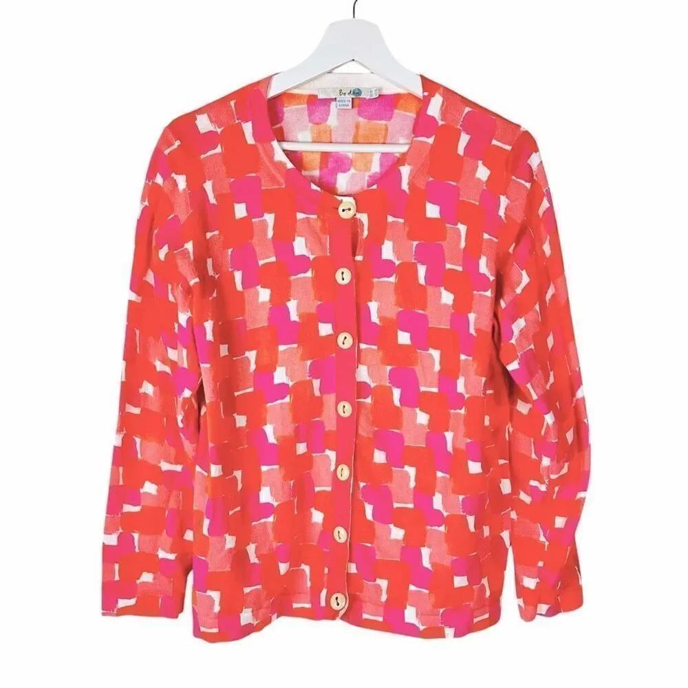 Boden size 14 Pink Orange Heart Print Cardigan Cotton Blend